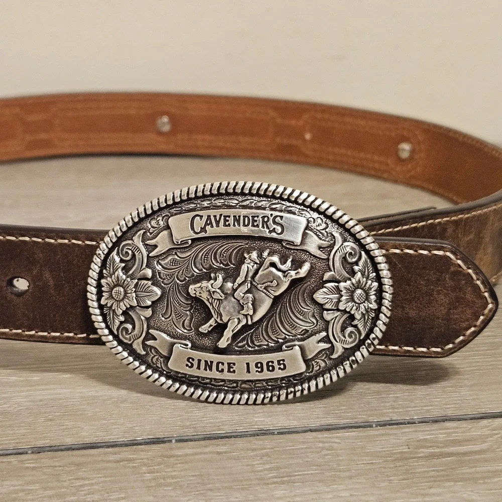 Cavender's‎ Since Since 1965 Rodeo Bull Rider Vintage Belt Buckle & Belt Size 30